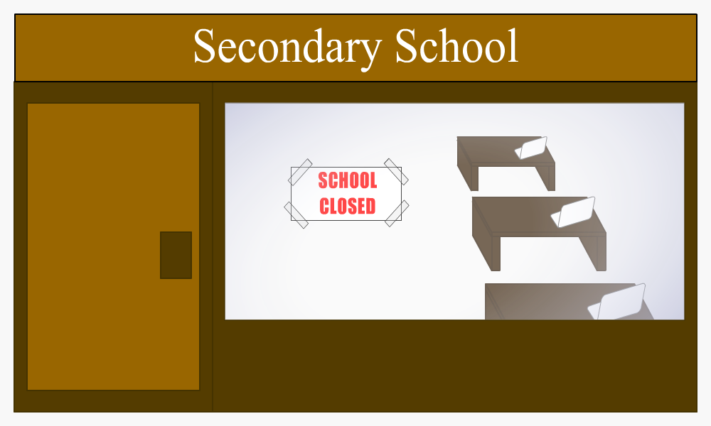 School with 'School Closed' sign on window