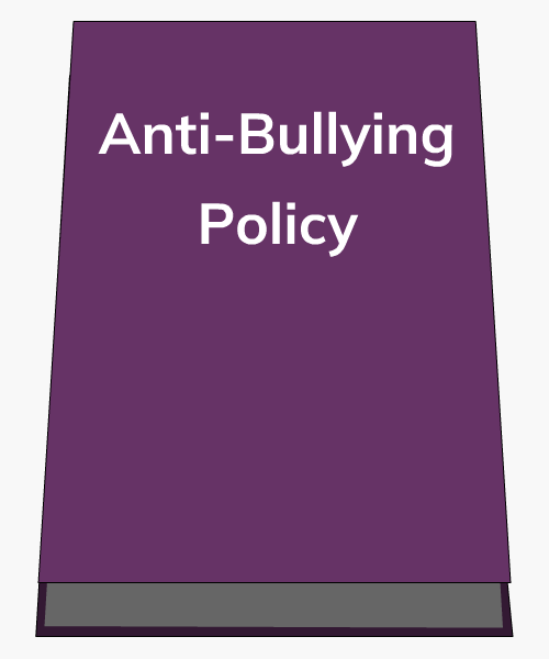 A purple book with 'Anti-Bullying Policy' on the cover