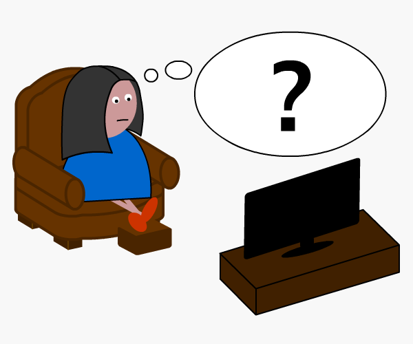 Woman sitting on a chair in front of the TV with a thought bubble containing a question mark