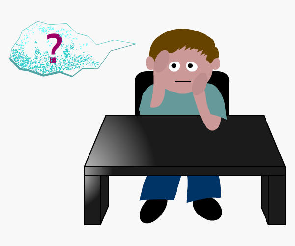A confused boy at his desk at school with a thought bubble containing a question mark