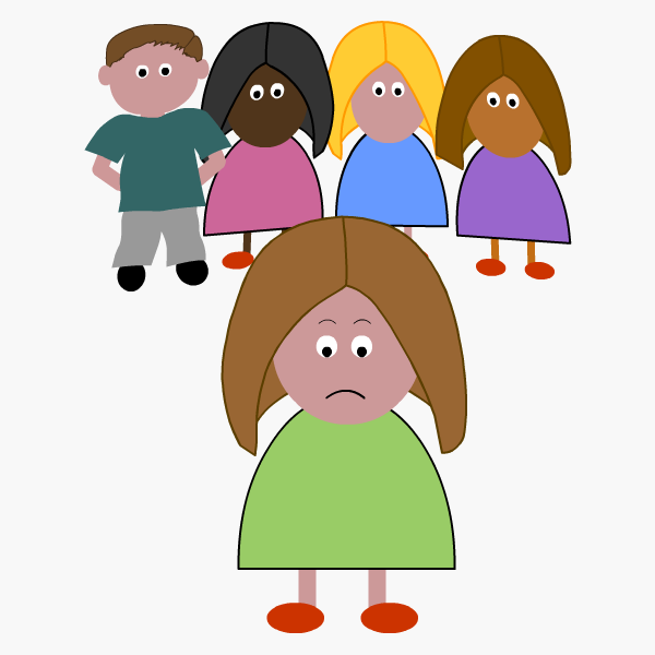 Girl with a sad expression being bullied by a group of young people