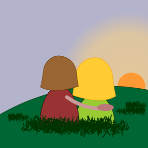Woman with arm around a girl watching the sunset