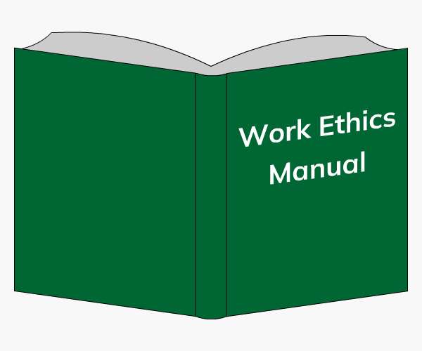 A green book with 'Work Ethics Manual' on the cover