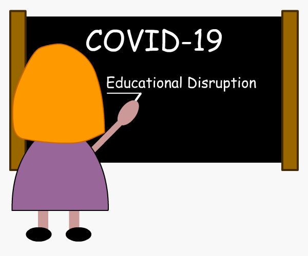 Teacher writing 'COVID-19 Educational Disruption' on blackboard
