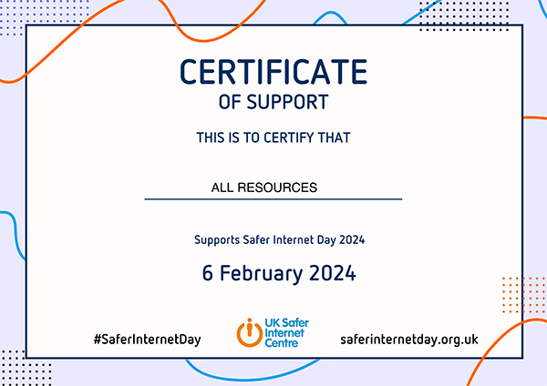 UK Safer Internet Centre support certificate for Safer Internet Day 2024