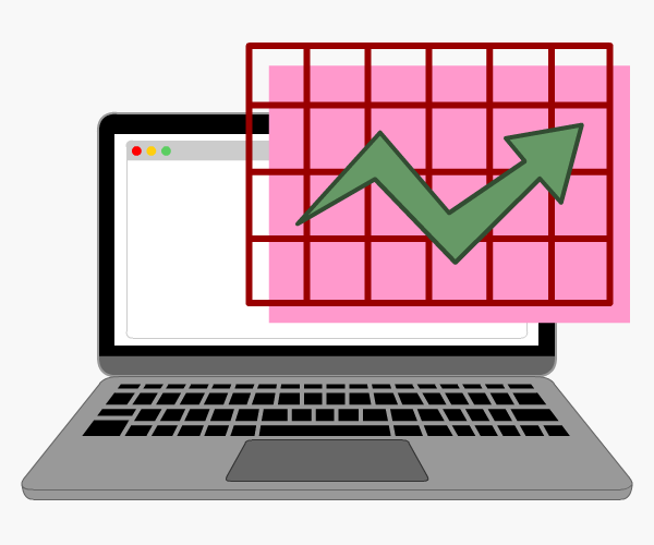 Laptop with over-sized graph and arrow pointing upwards