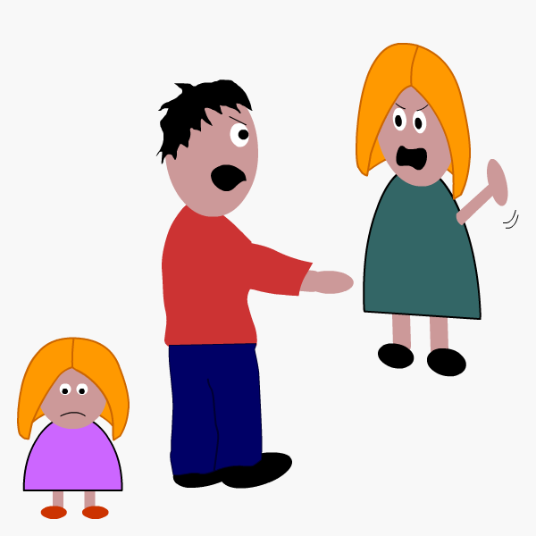 Two parents arguing with an upset young girl in the foreground