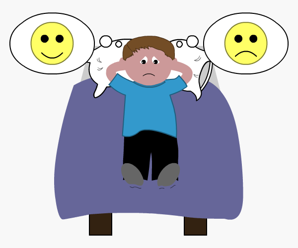 Young man on bed with two thought bubbles - one contains a smiley face, the other contains a sad face