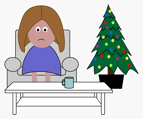 Sad looking woman sitting on a chair with a Christmas tree in the background