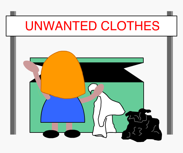 A person with a bag full of personal things beside them putting items into a big bin with a sign saying 'UNWANTED CLOTHES'