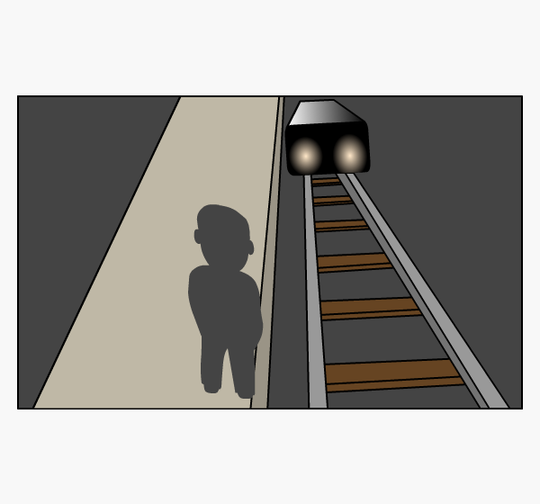 Shadowy figure standing on the edge of a train platform with an oncoming train