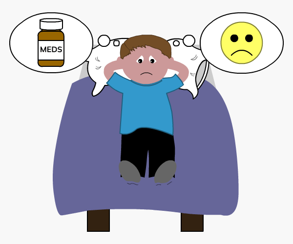 Young man lying on his bed with two thought bubbles - one contains a bottle of tablets, the other contains a sad face