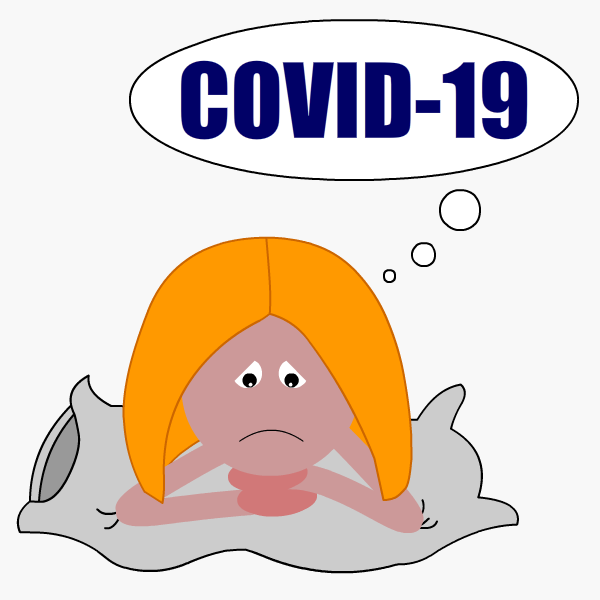 Depressed woman with head on pillow and a thought bubble that says 'COVID-19'