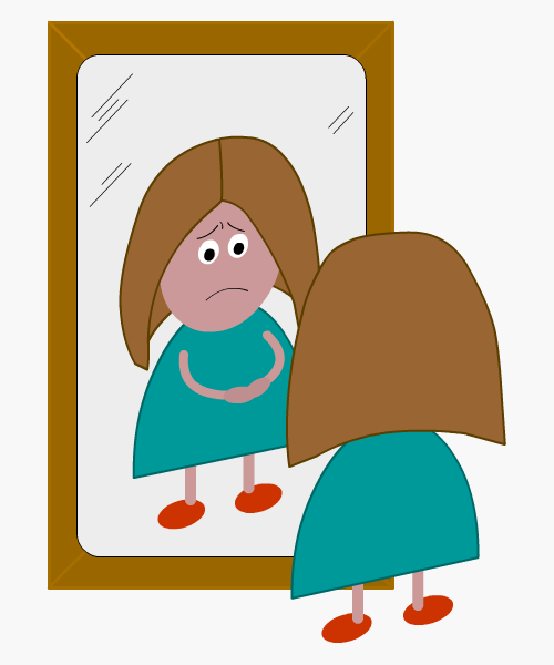 Young woman looking in the mirror with worried expression
