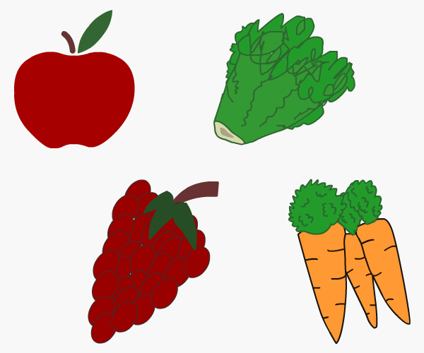 An apple, broccoli, bunch of grapes and carrots