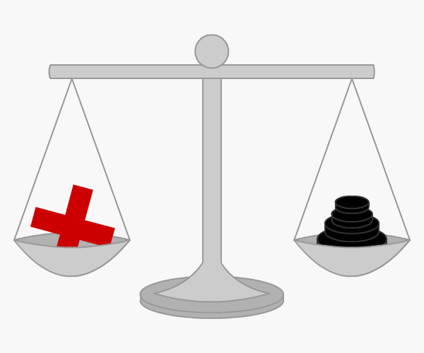 Balanced scales with a red medical cross in one bowl and weights in the other bowl