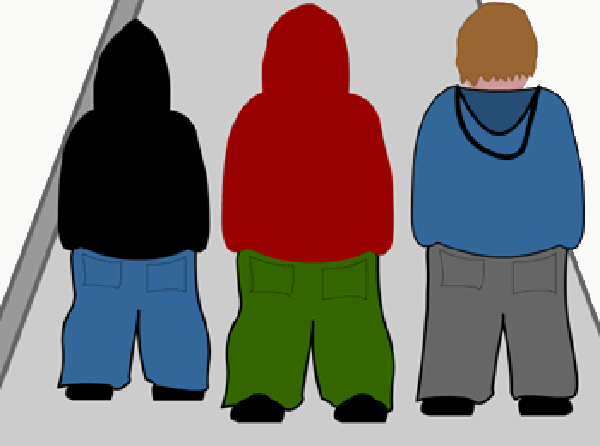A rear view of a gang in hoodies