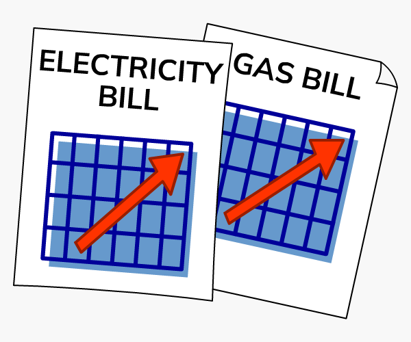 Electricity and gas bills with charts showing rise in energy costs over time