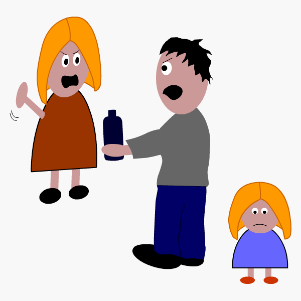 Mum shouting at husband with a bottle in his hand and their daughter in the foreground