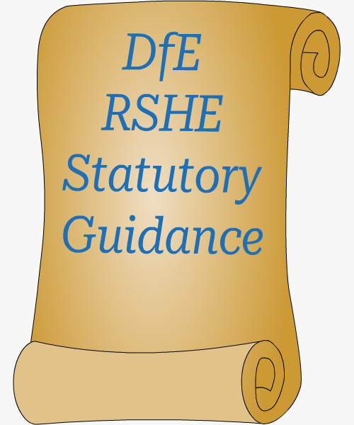 A scroll with text reading 'DfE RSHE Statutory Guidance'