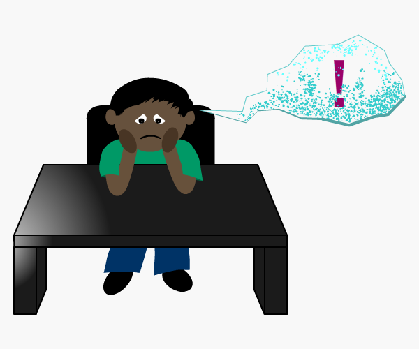 Sad man at his desk with a thought bubble of depression
